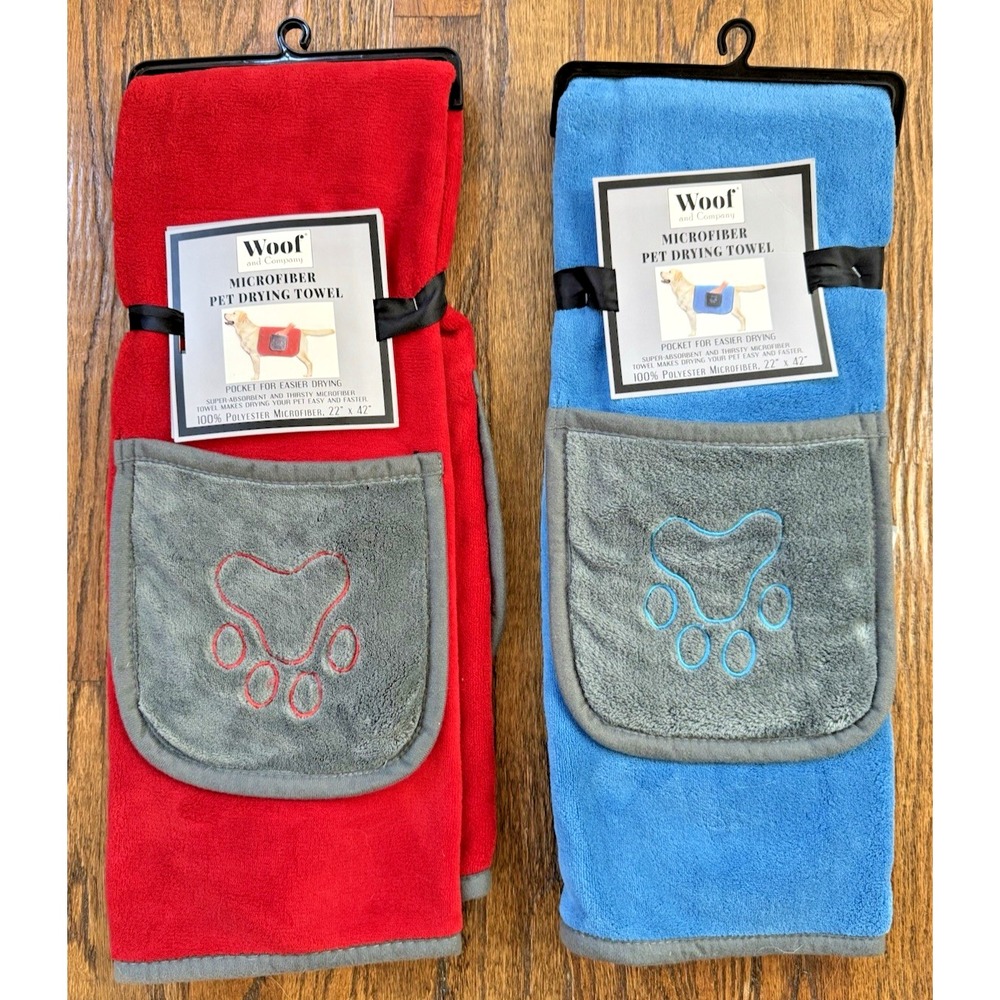WOOF Pet Drying Towel (2) Quick Dry Microfiber Grooming Towel 22"x42" PocketsNEW